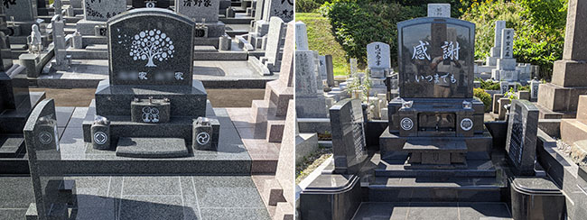 左／両家の家名と家紋・右／両家の家紋とそれぞれの墓誌